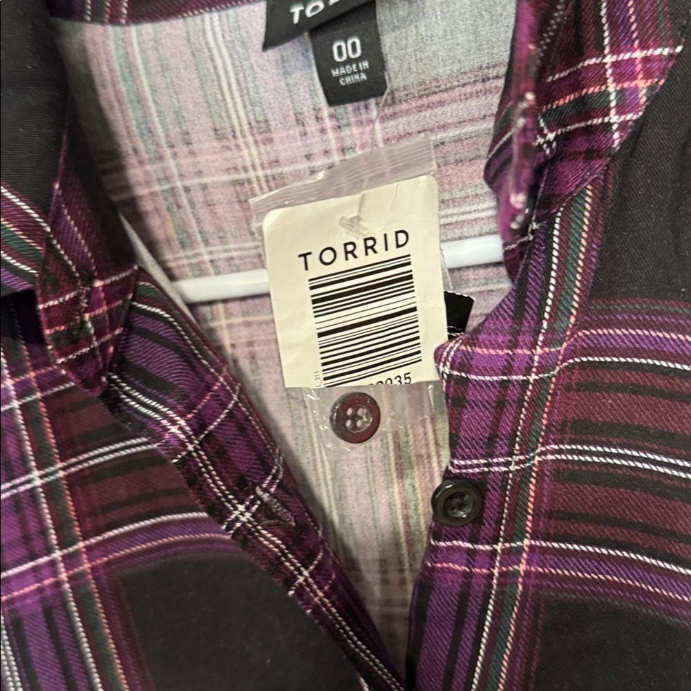 TORRID: Purple Plaid Mini Challis Button-Front Shirt Dress - Picture 7 of 10